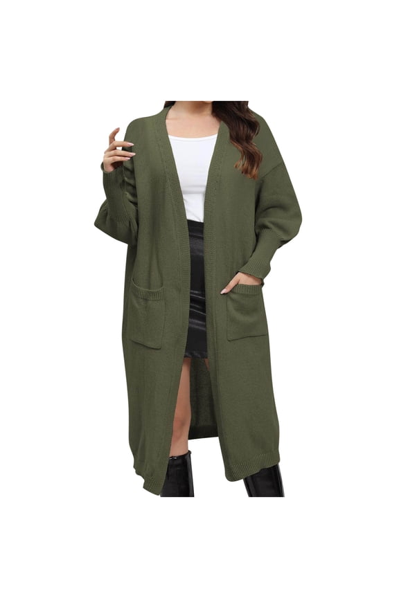 Long Cardigans for Women Loose and Lazy Woven Sweater With Double Pockets and Lantern Sleeves Cardigan Coats