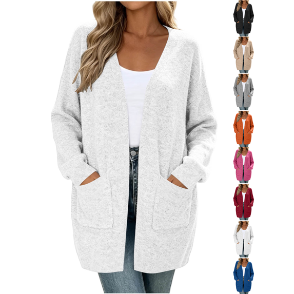 Long Cardigans for Women Nelozsy Women Fashion Casual Solid Color Pocket Cardigan White XL