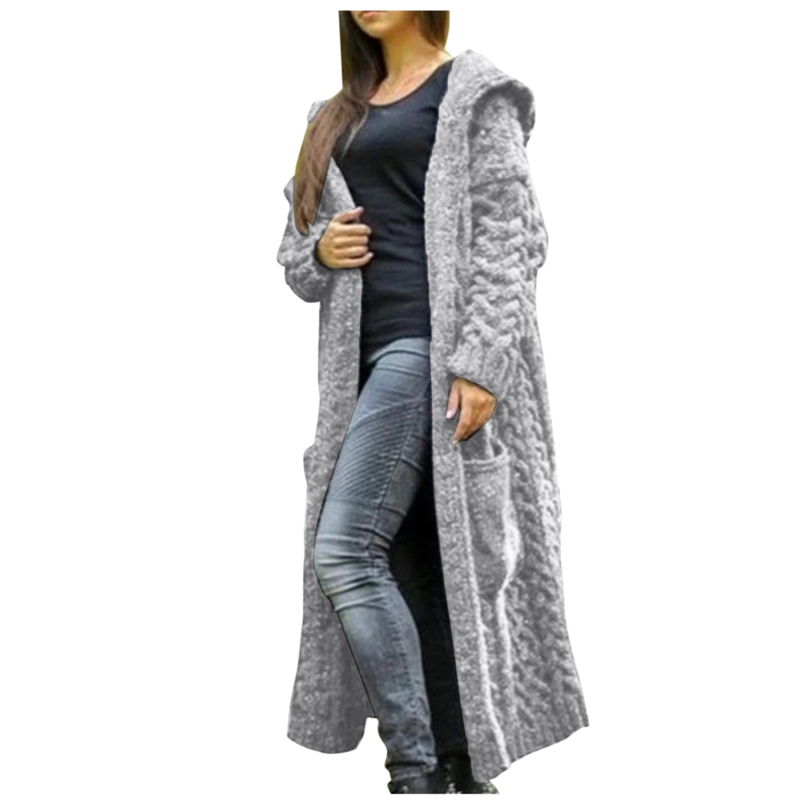 Long Cardigans for Women Winter Solid Solid Knitted Loose Hooded Long ...