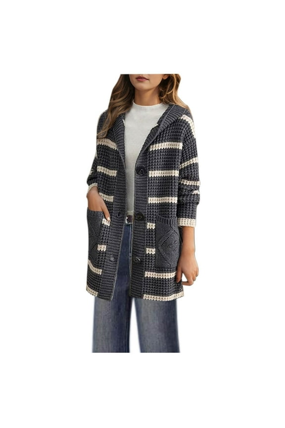 Long Cardigans for Women with Pockets Stripe Knitted Loose Hooded Coat Casual Long Sleeve Loose Outerwear (Gray L)
