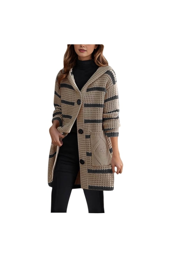 Long Cardigans for Women with Pockets Stripe Knitted Loose Hooded Coat Casual Long Sleeve Loose Outerwear (Yellow S)