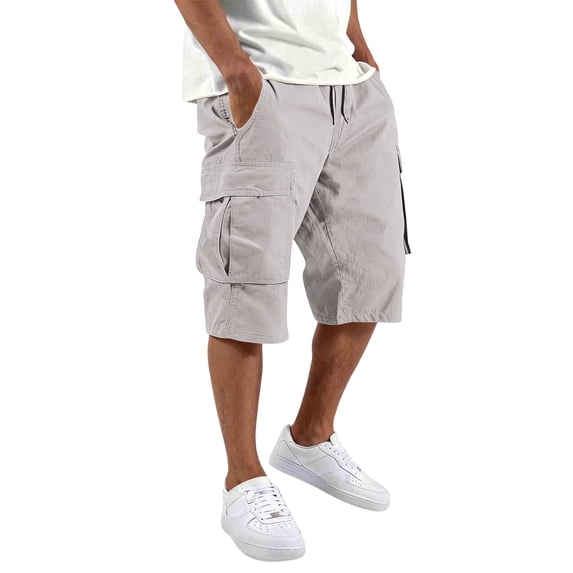 Long Cargo Shorts for Men Below Knee Elastic Waist Drawstring Baggy Bermuda Shorts Work Short Cargo Pants with Pocket,White 2XL