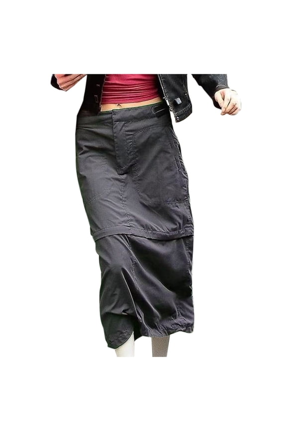 Long Cargo Skirts for Women with Pockets Low Rise Drawstring Shirred Baggy Skirt E Girls Retro Harajuku Streetwear