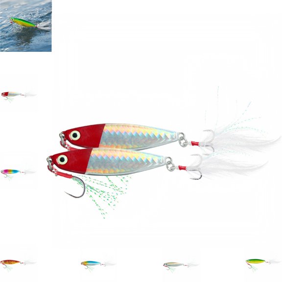 Long Casting Metal Jig with Feather Treble Hooks – Shore Slow Jigging Lure with Reflective Blade for Surf Fishing 2pc