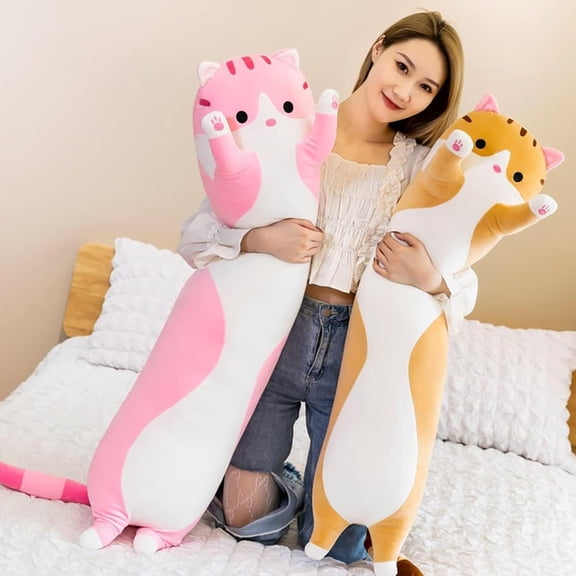 Long Cat Plush Pillow Soft Hugging Stuffed Animal Toy Cute Kitty Throw Cushion Gift for Kids Girls Boys Pink 51.18 Inch