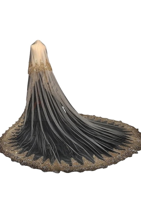 Long Cathedral Bridal Veil with Applique and Sequin Edge, Luxurious Golden 2-Layer Veil with Comb