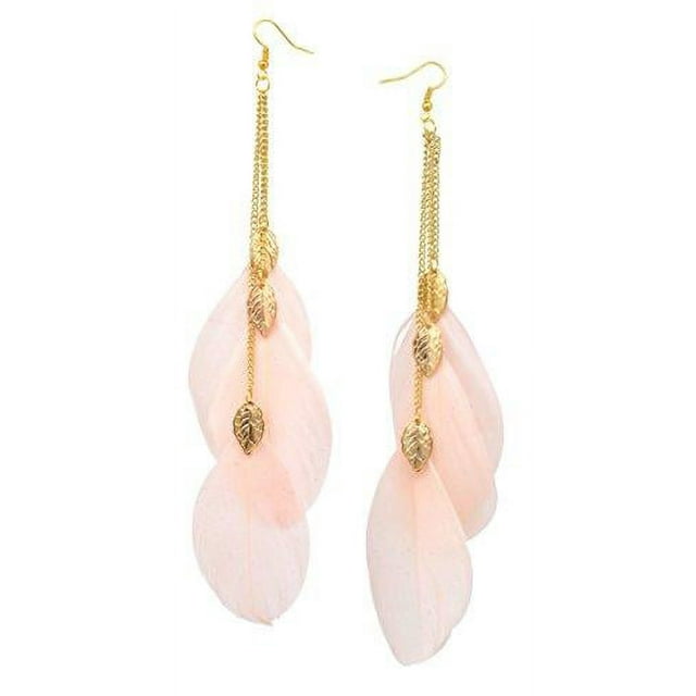 Long Chain Dangle Chandelier Style Three Feather Earrings Sexy Fashion Jewelry (Leaf Pink)