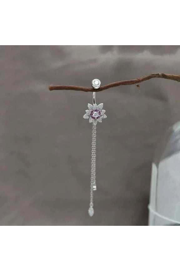 Long Chain Flower Belly Ring 14K White Gold Plated 2Ct Round Cut Simulated Diamond 925 Silver