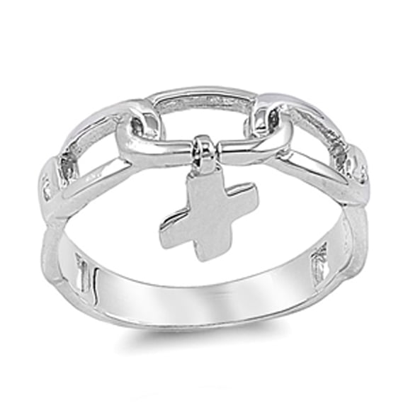 Long Chain Link Cross Charm Stackable Ring .925 Sterling Silver Band Jewelry Female Male Size 10