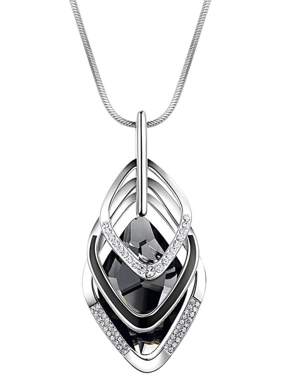Long Chain Necklace for Women Crystal Sweater Triple Stack Zirconia Pendant Rhombic Rhinestone Pendant Necklace-Silvertone Fashion Jewelry for Women