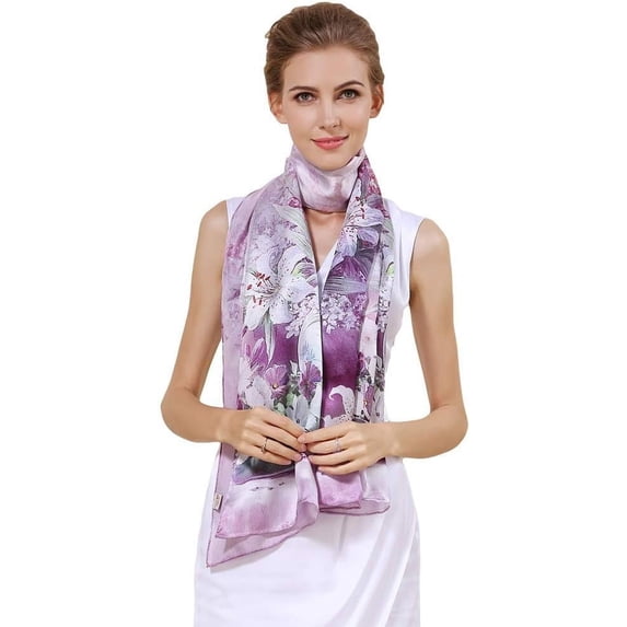 Long Charmeuse Silk Scarf Floral and Graphic Print Silk Long Mulberry Scarf