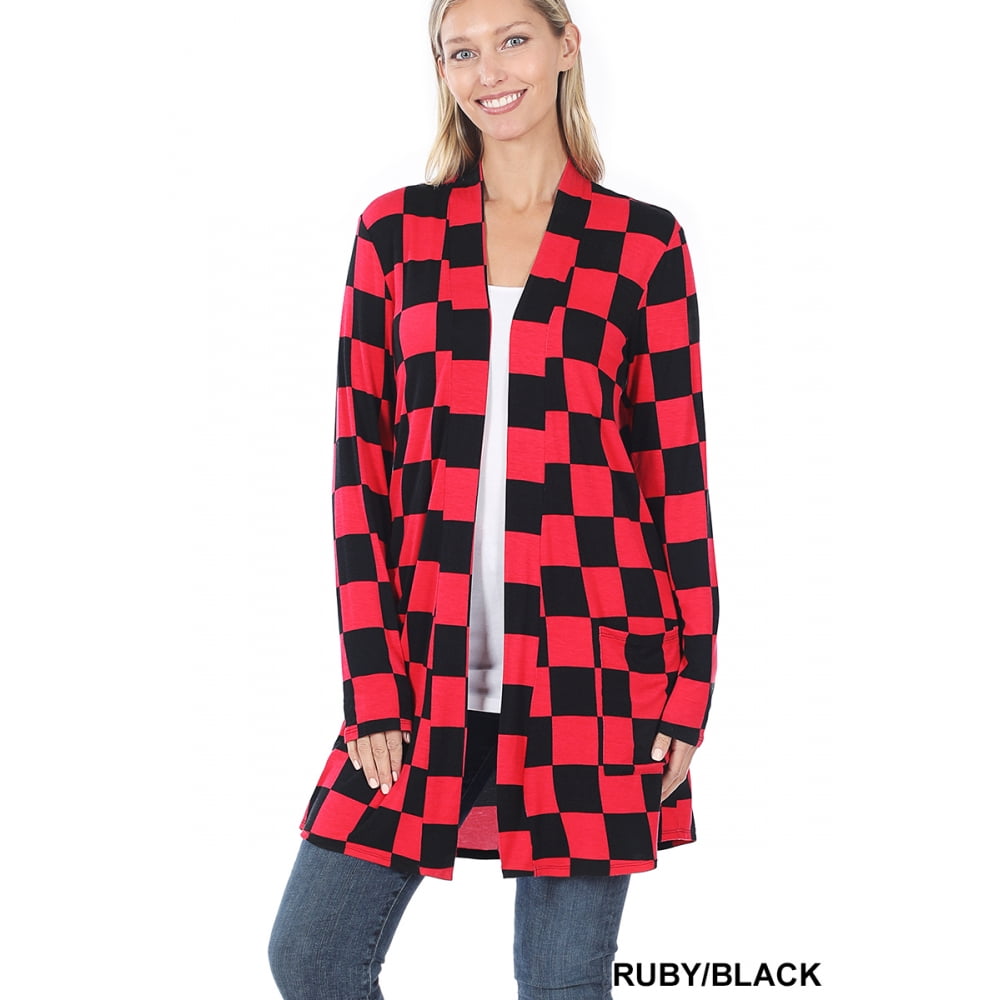 Long Checkered Cardigan - Mid Thigh - Slouchy Pockets Ruby Red and Black -  Walmart.com