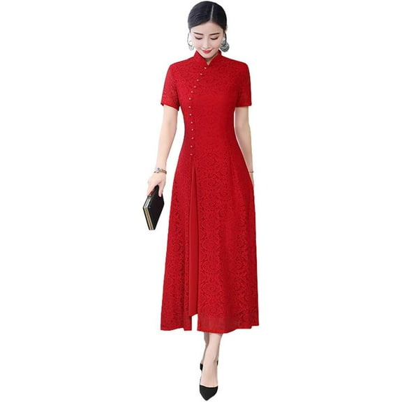 Long Cheongam Dress Lace Qipao Chinese Style Dress