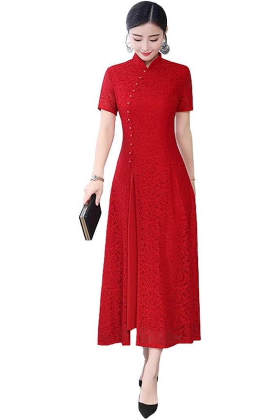 Long Cheongam Dress Lace Qipao Chinese Style Dress