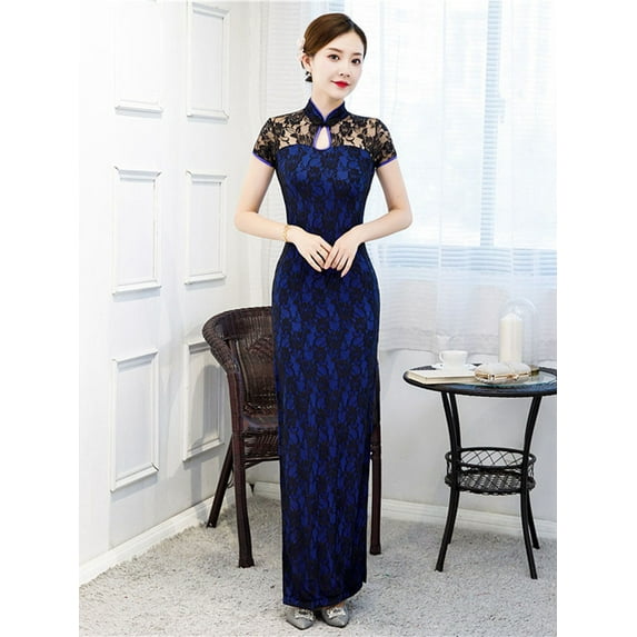 Long Cheongsam Dress Short-sleeve Costumes Elegant Dresses for Women