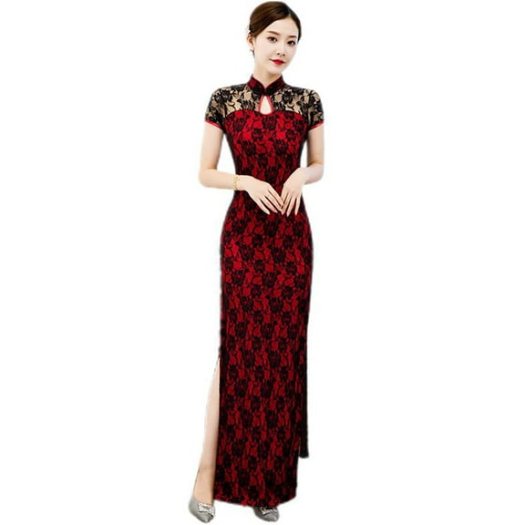 Long Cheongsam Dress Short-sleeve Costumes Elegant Dresses for Women