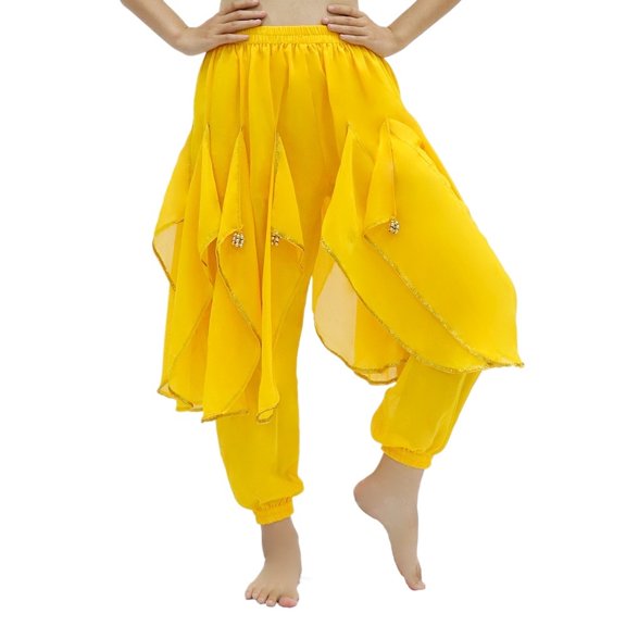 Long Chiffon Belly Dance Harem Pants Halloween Pants With Gold Trim Women Dancing Pants