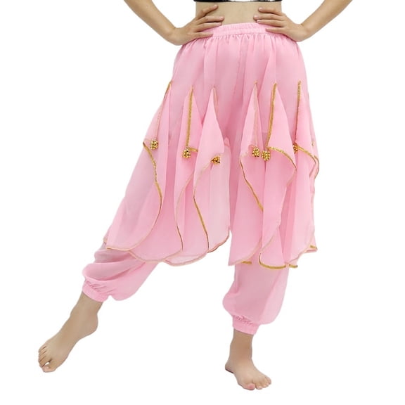 Long Chiffon Belly Dance Harem Pants Halloween Pants With Gold Trim Women Dancing Pants