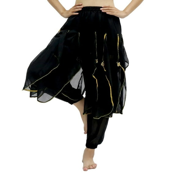 Long Chiffon Belly Dance Harem Pants Halloween Pants With Gold Trim Women Dancing Pants