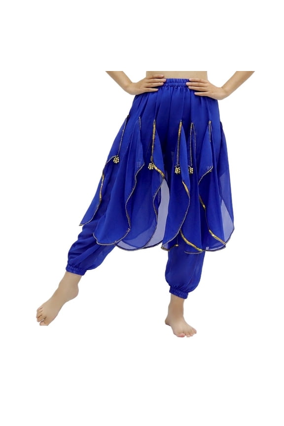 Long Chiffon Belly Dance Harem Pants Halloween Pants With Gold Trim Women Dancing Pants