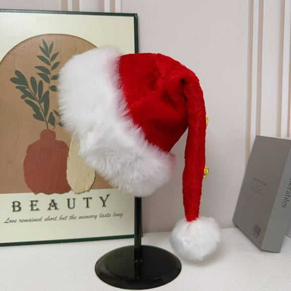 Long Christmas Santa Claus Hat with Bells,Deluxe Holiday Party Warm Plush Furry Christmas Hat Headwear Accessories