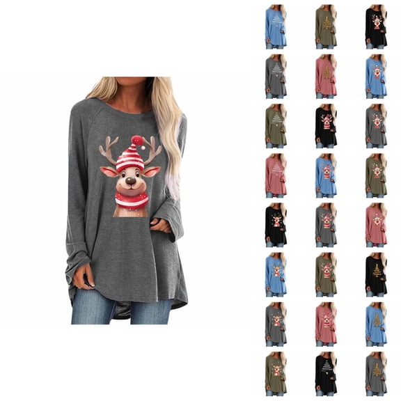 Long Christmas Shirts for Women 2025 Long Sleeve Crewneck Loose Holiday Cute Reindeer Graphic Tshirt Shirt