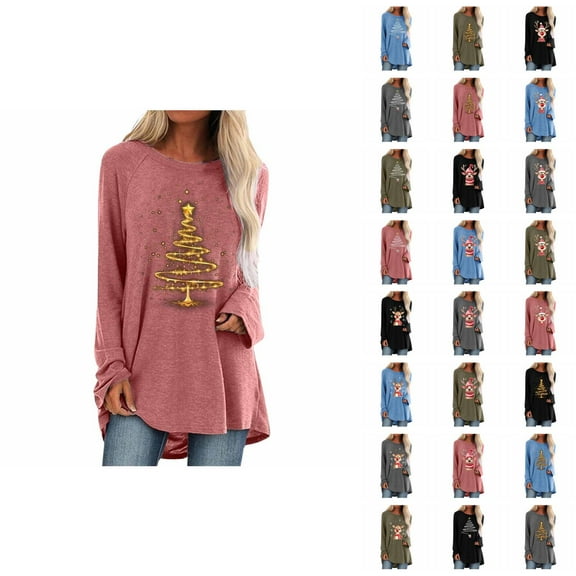 Long Christmas Shirts for Women 2025 Long Sleeve Crewneck Loose Holiday Cute Reindeer Graphic Tshirt Shirt
