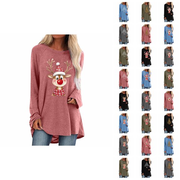 Long Christmas Shirts for Women 2025 Long Sleeve Crewneck Loose Holiday Cute Reindeer Graphic Tshirt Shirt