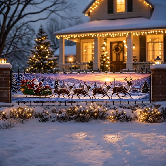 Long Christmas Yard Fence Banner 118x20Inch, Santa Reindeer Sleigh Snowman Winter Scene Polyester Outdoor Decoration With Grommets For Wall Railing Balcony Holiday Decor