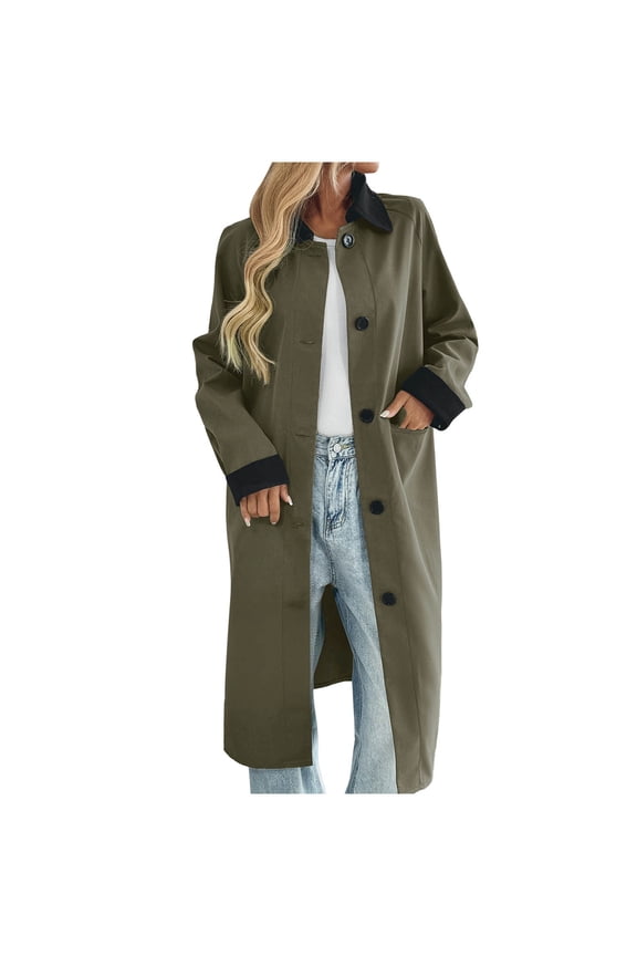 Long Coat for Women Fall Winter Color Block Collared Trench Coat Button Down Casual Windbreaker Jackets Green XL