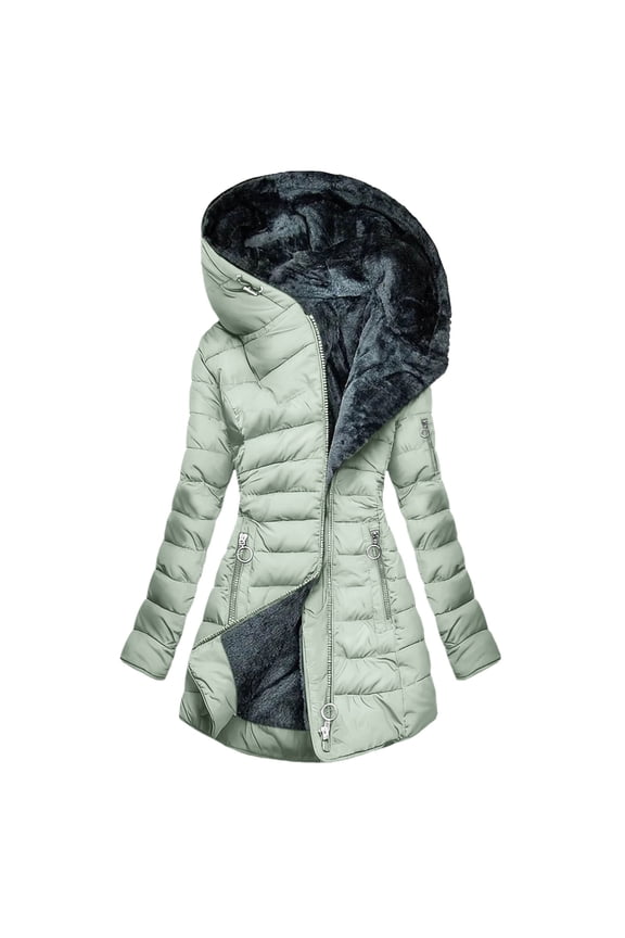 Long Coat for Women Long Sleeve Zipper Solid Color Fleece Line Heavy Coats with Pockets Green M