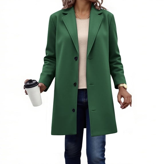 Long Coat for Women Warm Peacoat Fall Winter Notched Lapel Button Mid Length Dressy Trench Coats Outerwear Green M