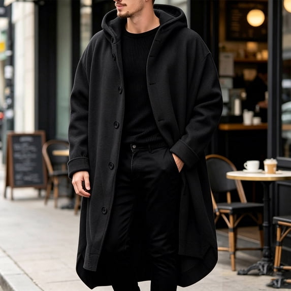 Long Coats for Men Button Down Hooded Loose Solid Color Thicken Warm Fashion Comfy Winter Outerwear Black XXXL