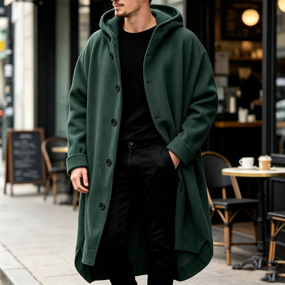 Long Coats for Men Button Down Hooded Loose Solid Color Thicken Warm Fashion Comfy Winter Outerwear Green L