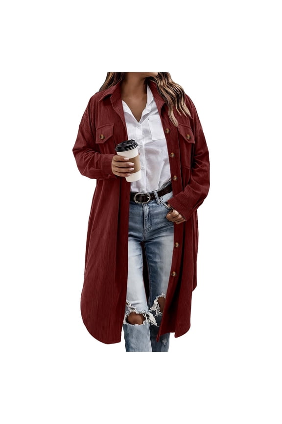 Long Coats for Women Fall Spring Button Down Lapel Neck Corduroy Jackets with Pockets Casual Warm Outerwear (S, Wine)