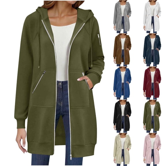 Long Coats for Women Oversized Zip Up Jackets Hooded Windbreaker Casual Fall Jacket Coats with Pockets