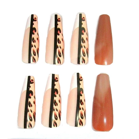 Long Coffin Press on Nails - French Tip Long Fake Nails with Animal Print Design