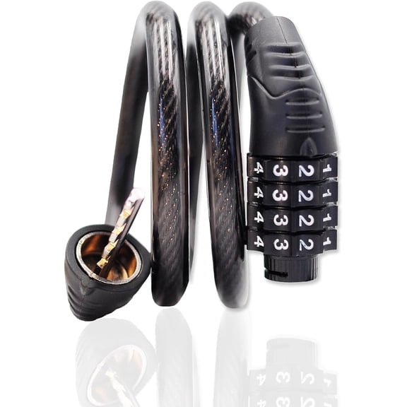 Long Coiled Security Resettable Combination Bike Cable 4 Digit Lock, Anti-Theft Accessories for Mountain and Road Bike, Electric Bicycle, Scooter, 32 inch