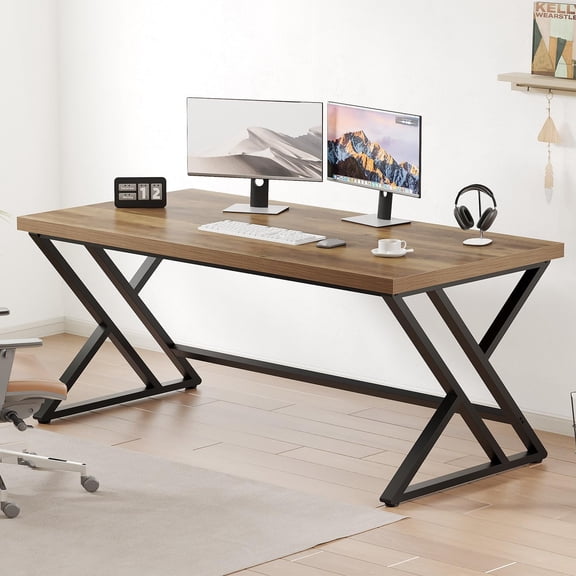 Long Computer Desk, Big Industrial Home Office Desk, Large Metal Wood Writing Study Computer Table for Bedroom, Modern Executive Simple Gaming Work Desk for Student, Rustic Oak, 60 in
