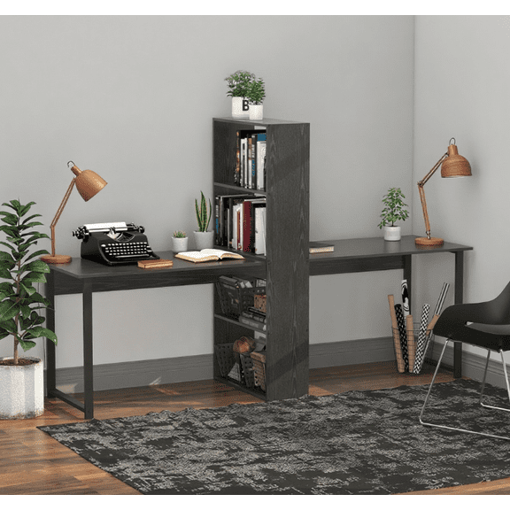 Long Computer Desk with Storage Shelves Combo, Double Workstation Storage Study Writing Table for Home Office, Bookshelf