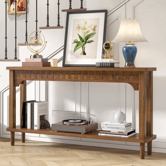 Fiogmub 2-tier long console table, 59 in L x 11.8 in W x 31.5 in H, walnut brown engineered wood