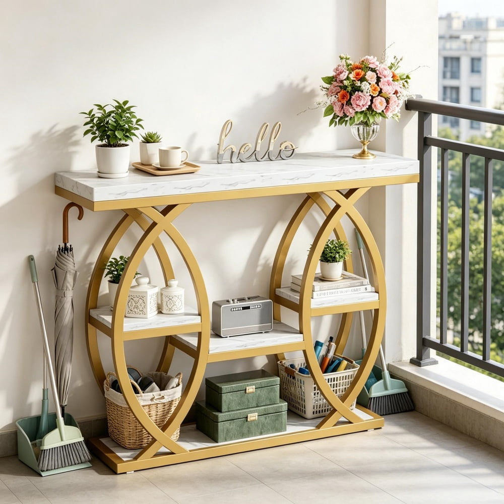 Long Console Table, 4-Tier Narrow Entryway Table with Storage, Industrial Metal Frame, Particle Board Top