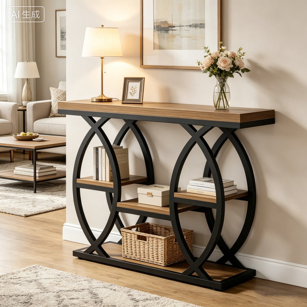 Long Console Table, 4-Tier Narrow Sofa Table with Metal Frame, 44.49 in x 13.39 in x 8.46 in, Particle Board, Rustic