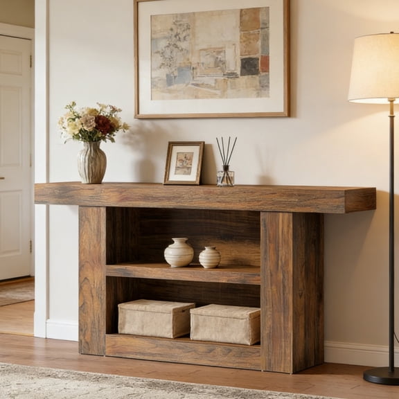 Long Console Table 63In Three Tier Storage U Shaped Base Rustic Brown Finish Entryway Living Room Hallway MDF Wooden Indoor Home Use Furniture Simple Assembly Required Behind Couch Display Unit Sets