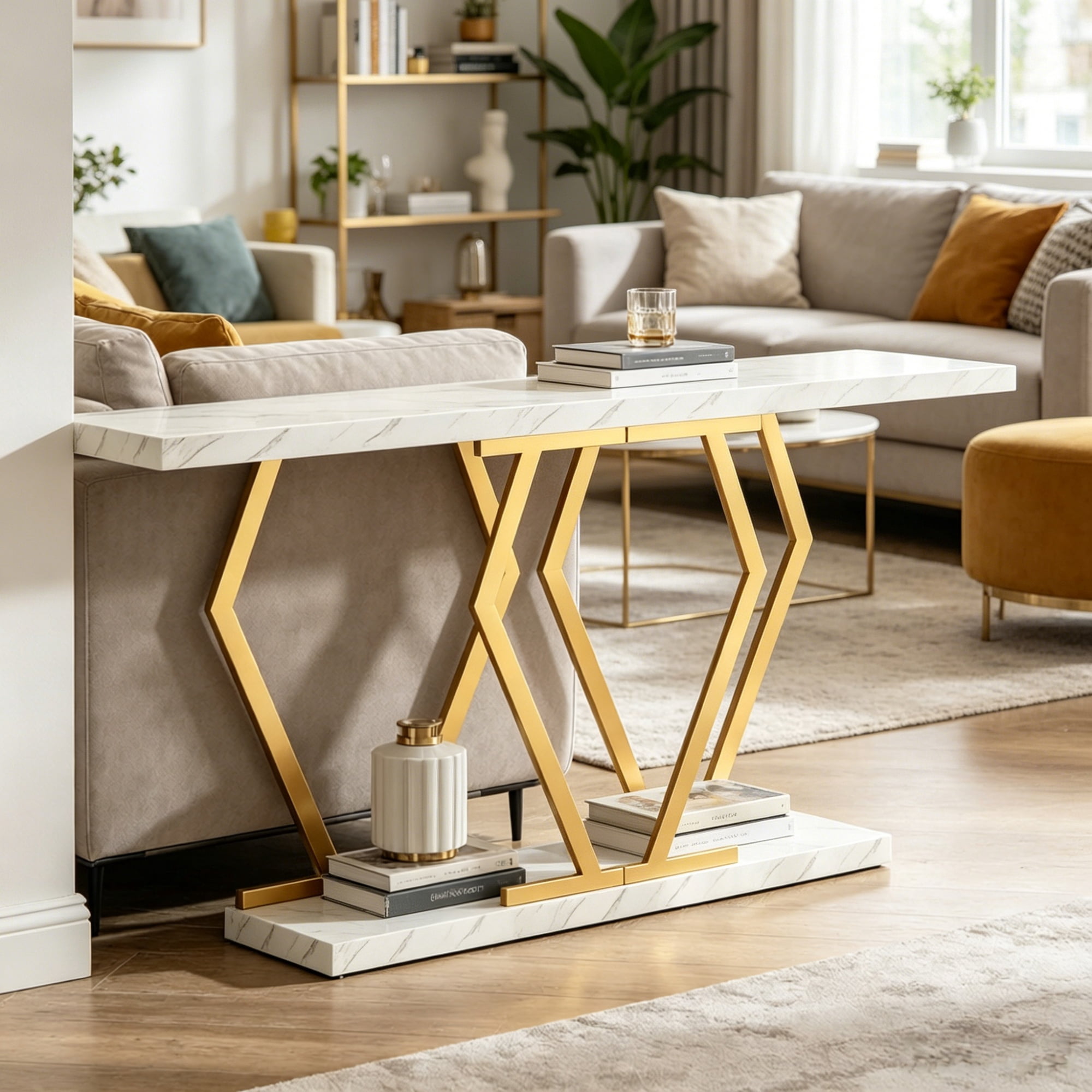 Long Console Table, 70.9 in Faux Marble White with Gold Metal Frame, Modern Accent Table for Living Room, Hallway, TV Stand