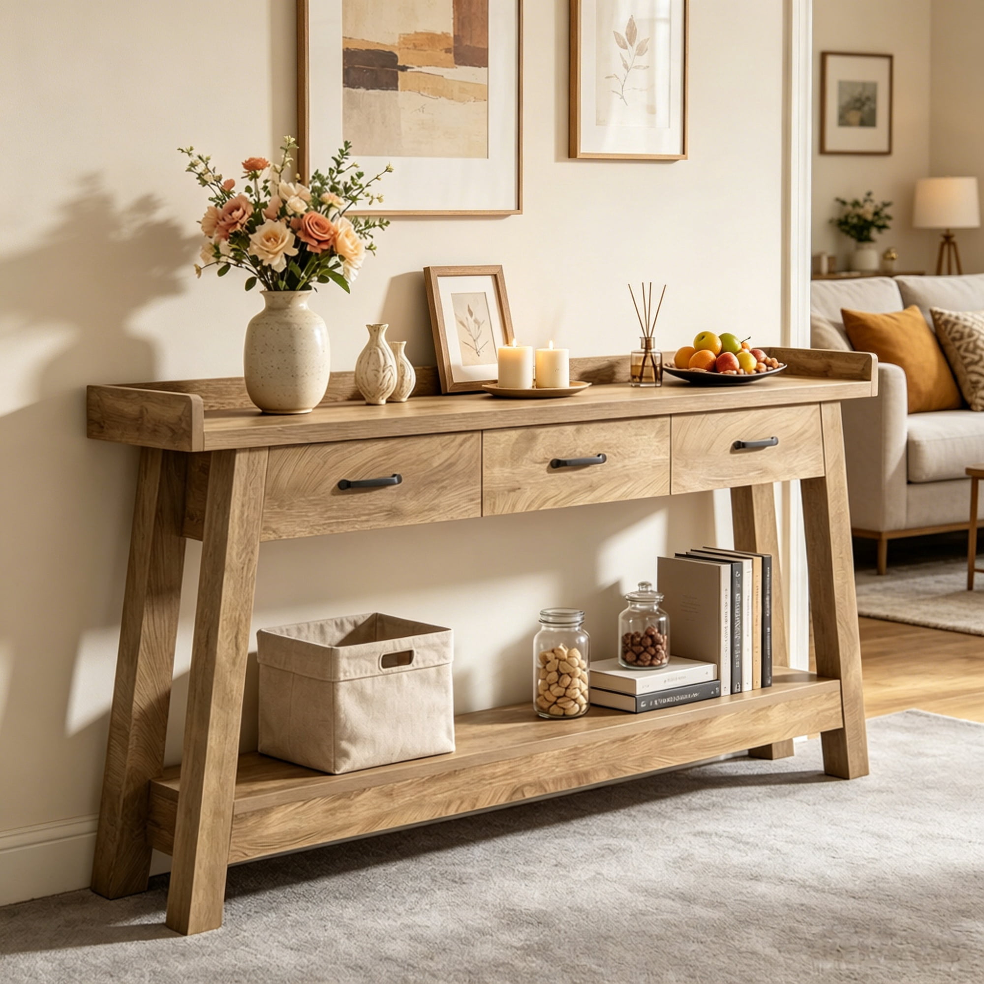 Long Console Table, 75.79 in, 3 Drawers, Raised Edge, Farmhouse Style