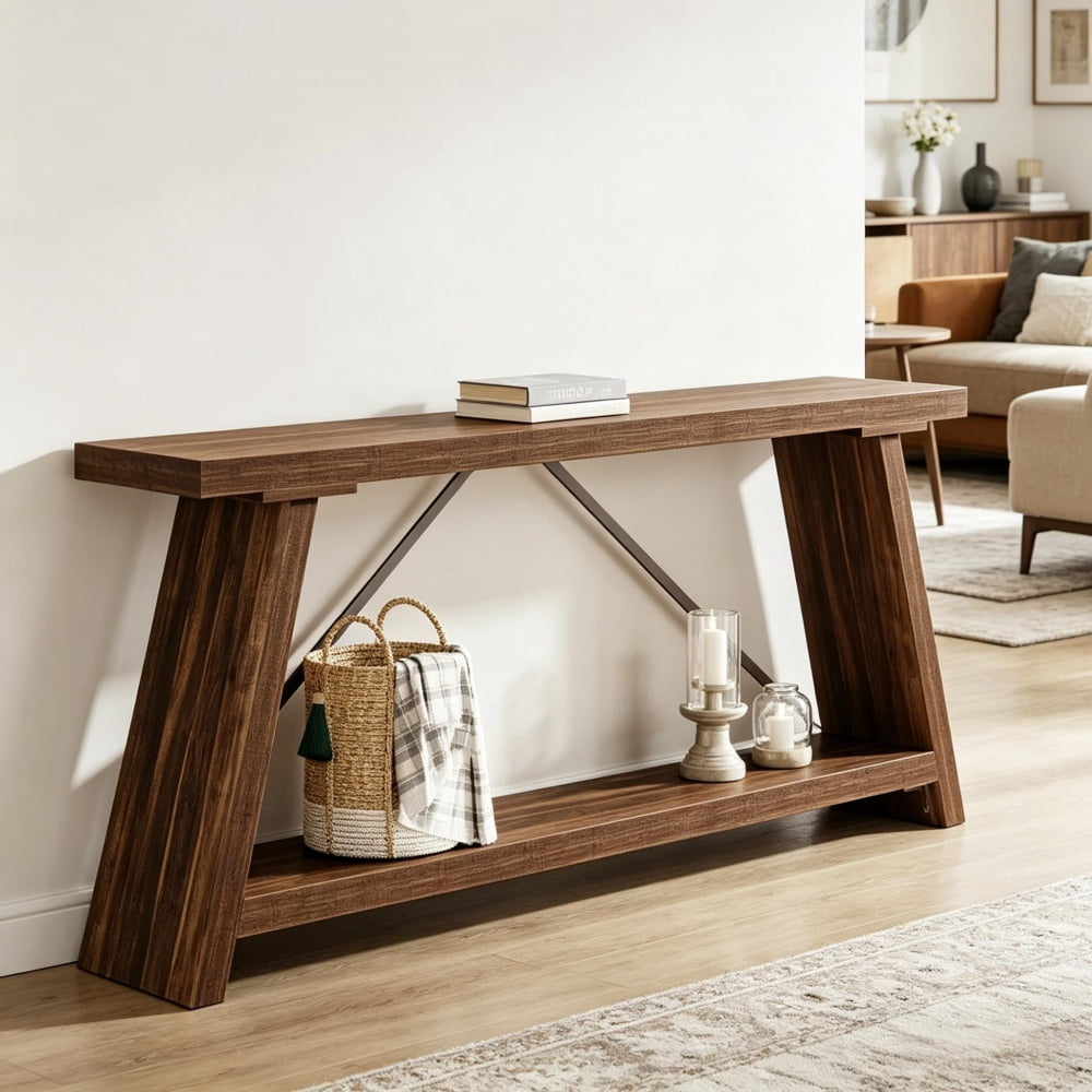 Long Console Table, 76.77 in Industrial Sofa Table with 2-Tier Shelves, Rustic Entryway Table, Sturdy Metal Frame, 230 lb Capacity