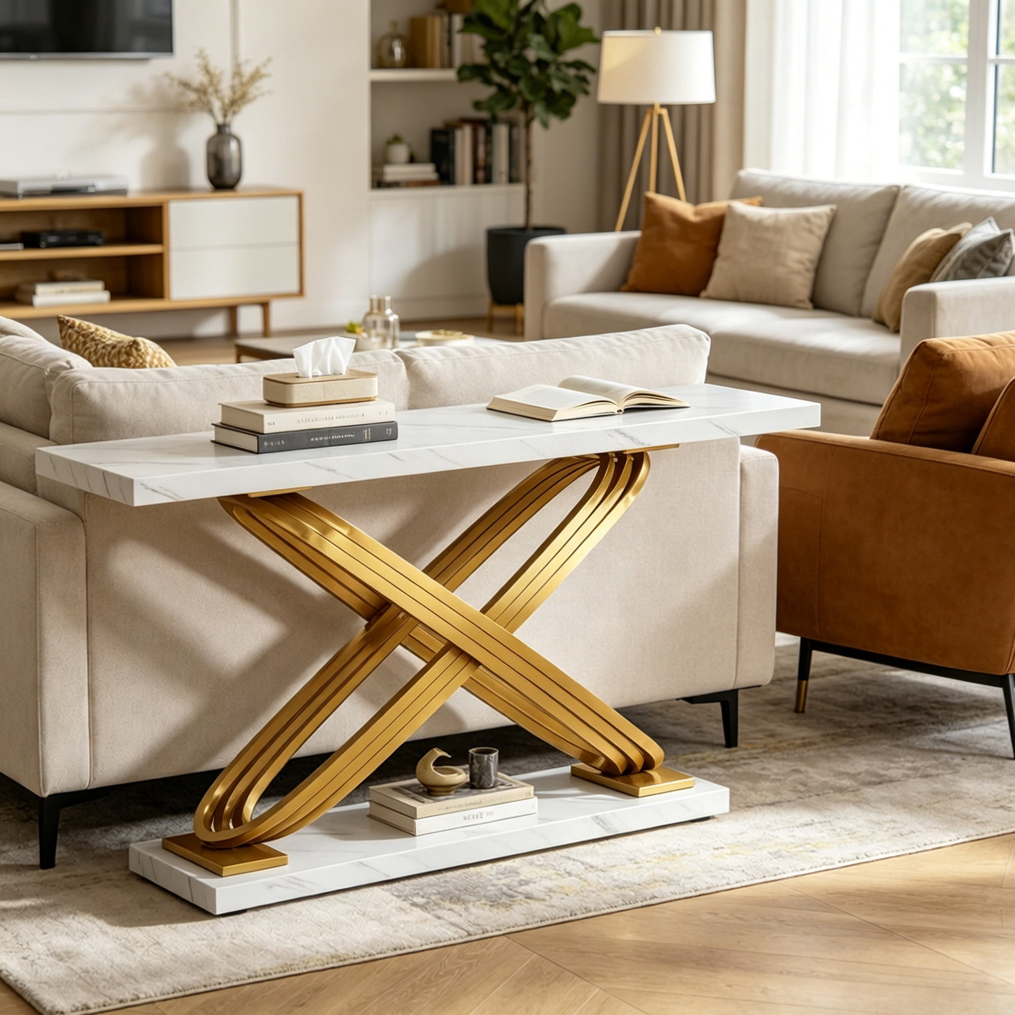 Long Console Table, White Faux Marble Top with Golden Metal X-Frame, 59.06 in