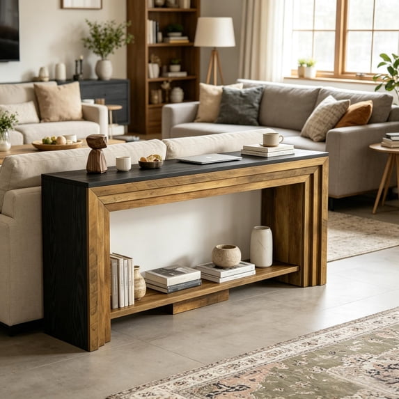 Long Console Table with Wood Top and Black Metal Legs, Narrow Sofa Table Entryway Table for Living Room Hallway, Industrial Style Furniture