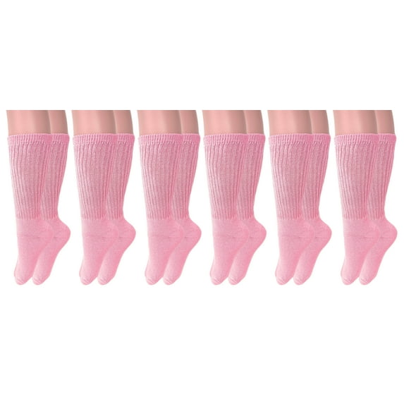 Long Cotton Cushion Casual Crew Socks Pink 6 Pairs Size 9-11